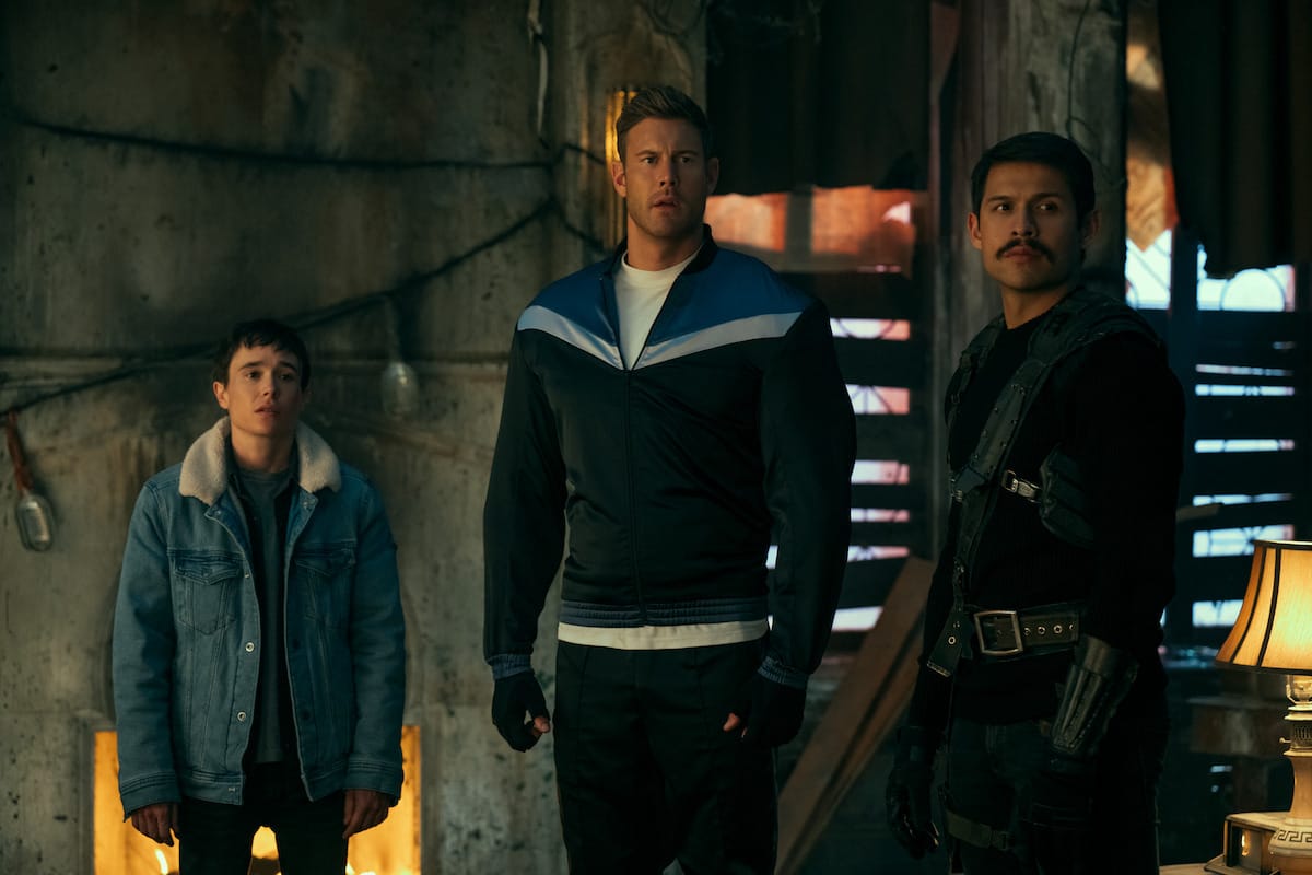 Elliot Page as Viktor Hargreeves with Tom Hopper and David Castañeda in a scene from Season 4 of The Umbrella Academy
