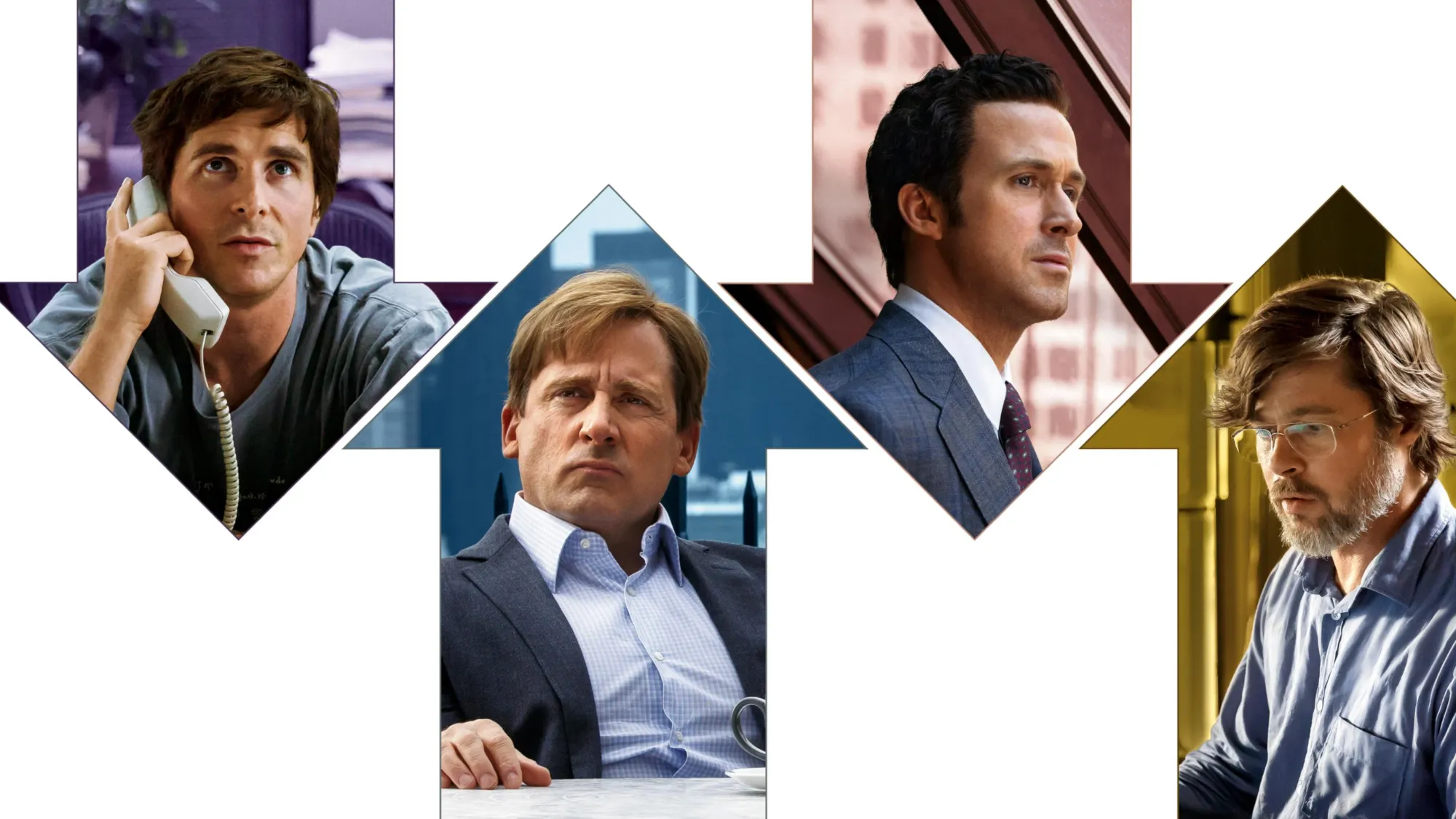 Promotional artwork for The Big Short arranged in a stepped diamond pattern, showing four actors in separate panels: Christian Bale on a landline phone, Steve Carell frowning in a blazer, Ryan Gosling in profile against a building facade, and Brad Pitt with a beard and glasses looking down.
